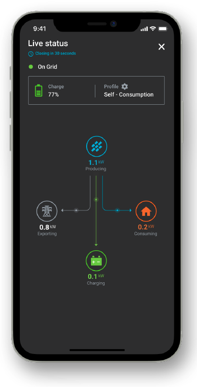 Mobile phone detailing the Enphase app with charging display